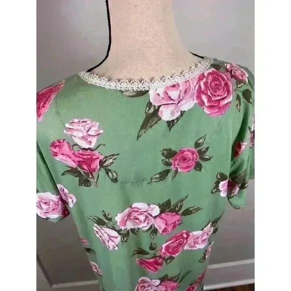 Joan Vass NWT Nightgown Green Pink Floral Buttons Pockets Long Lace M MSRP $58 - Picture 8 of 14